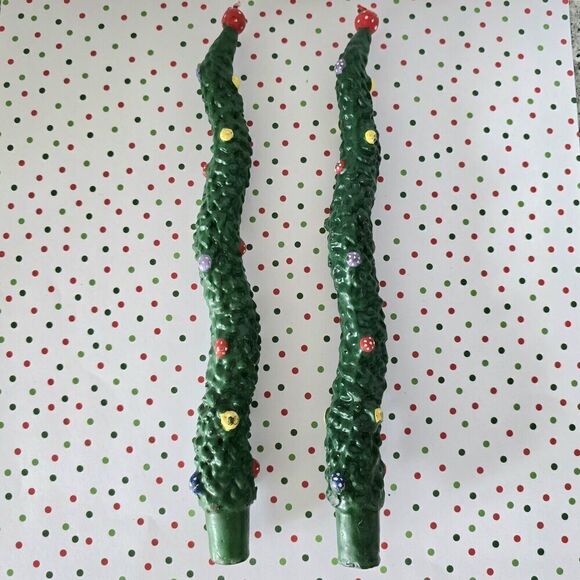 Christmas Tree Candles Rustic Outdoor Green Tapered Decorated Woodland Set Of 2 - Picture 1 of 4
